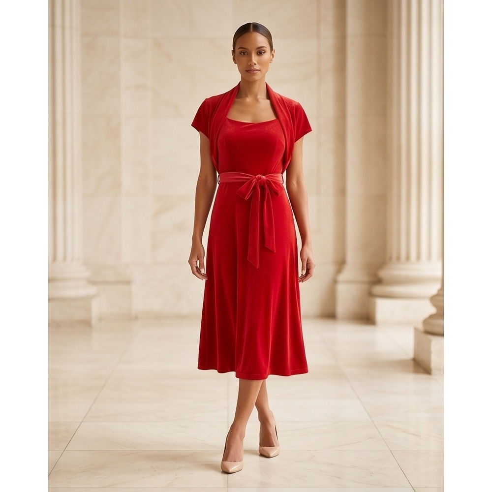 Vintage Andre Oliver L Red Velvet Midi Cocktail Dress Wrap‎ Belted Formal NWOT